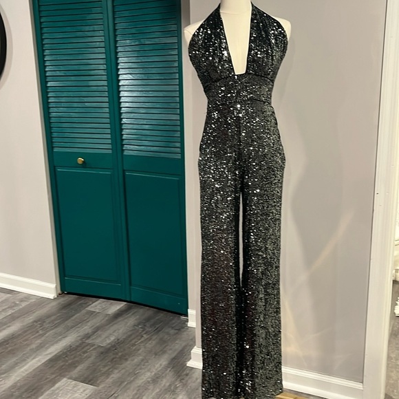 Anthropologie Pants - Anthropologie NWOT Maeve black sequin halter high waist jumpsuit 2/4 ($400)